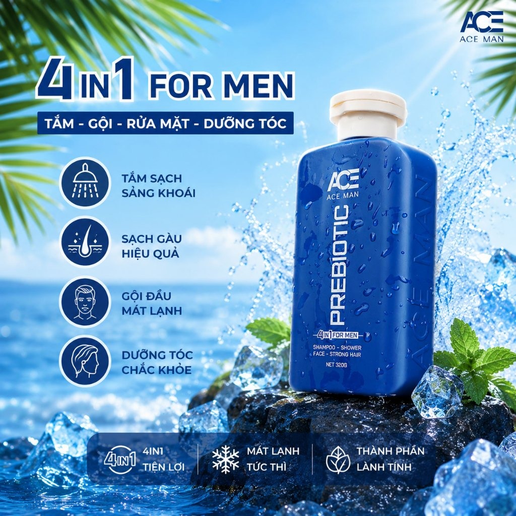 ACEMAN 4 in 1 For Men 320g ACEMAN dầu gội 4 in 1 For Men 320g tắm gội rửa mặt dưỡng tóc