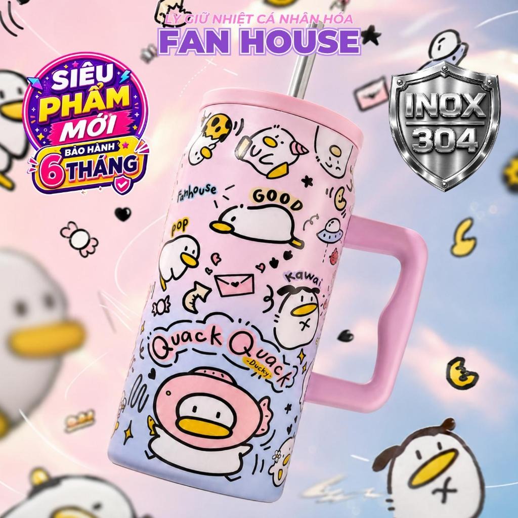 BIGCUP Fan House 1500ml ảnh chính Ly giữ nhiệt BIGCUP Fan House 1500ml inox 304 mẫu vịt hồng
